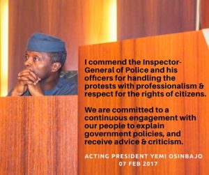 ImageFile: Osinbajo to #iStandWithNigeria protesters: Recession’ll soon be history