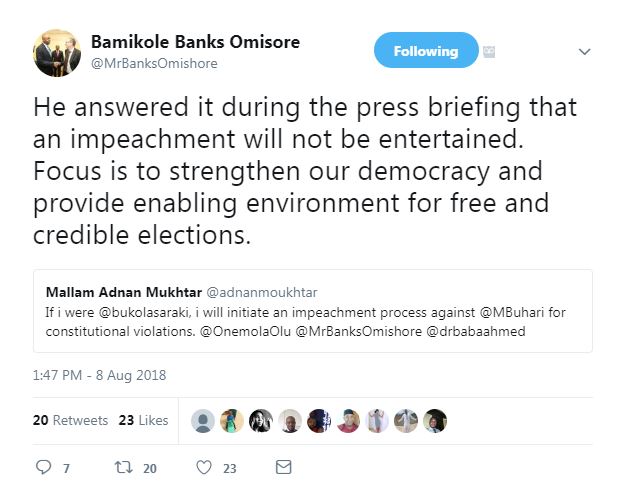 Bamikole Banks Omisore tweets about Buhari’s impeachment