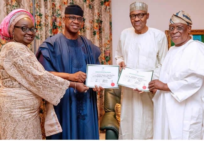 Photos: Osoba, Ogun gov elect, deputy present Certificates of Return to Buhari in Aso Rock