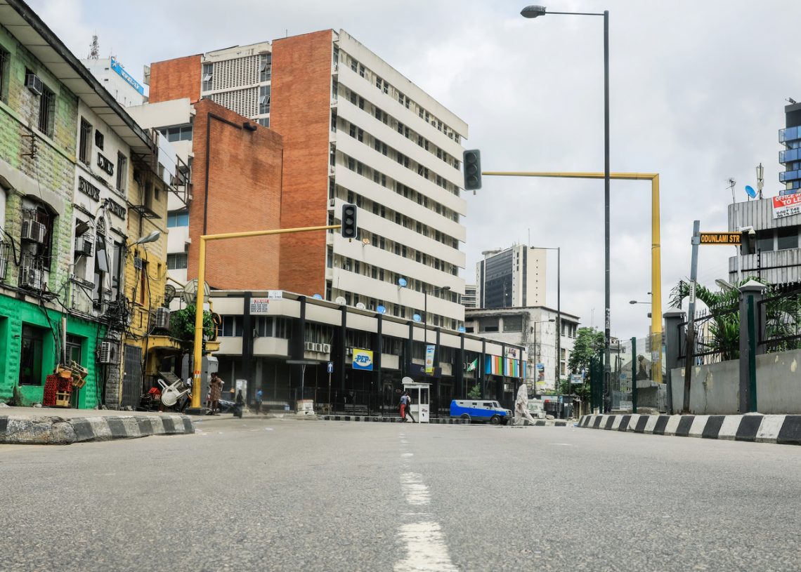 A view of the deserted central business district is pictured on the first day of a 14-day lockdown aimed at limiting the spread of coronavirus disease (COVID-19) in Lagos, Nigeria March 31, 2020. REUTERS/Temilade Adelaja - RC22VF961ZXM