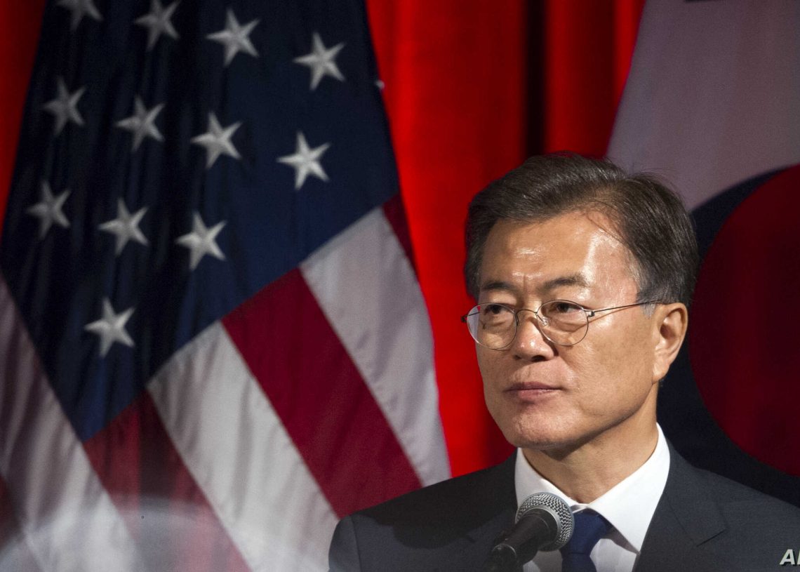 South Korean President Moon Jae-in speaks at a dinner hosted by the U.S. Chamber of Commerce and the South Korean Chamber of Commerce in Washington, Wednesday, June 28, 2017. (AP Photo/Cliff Owen)