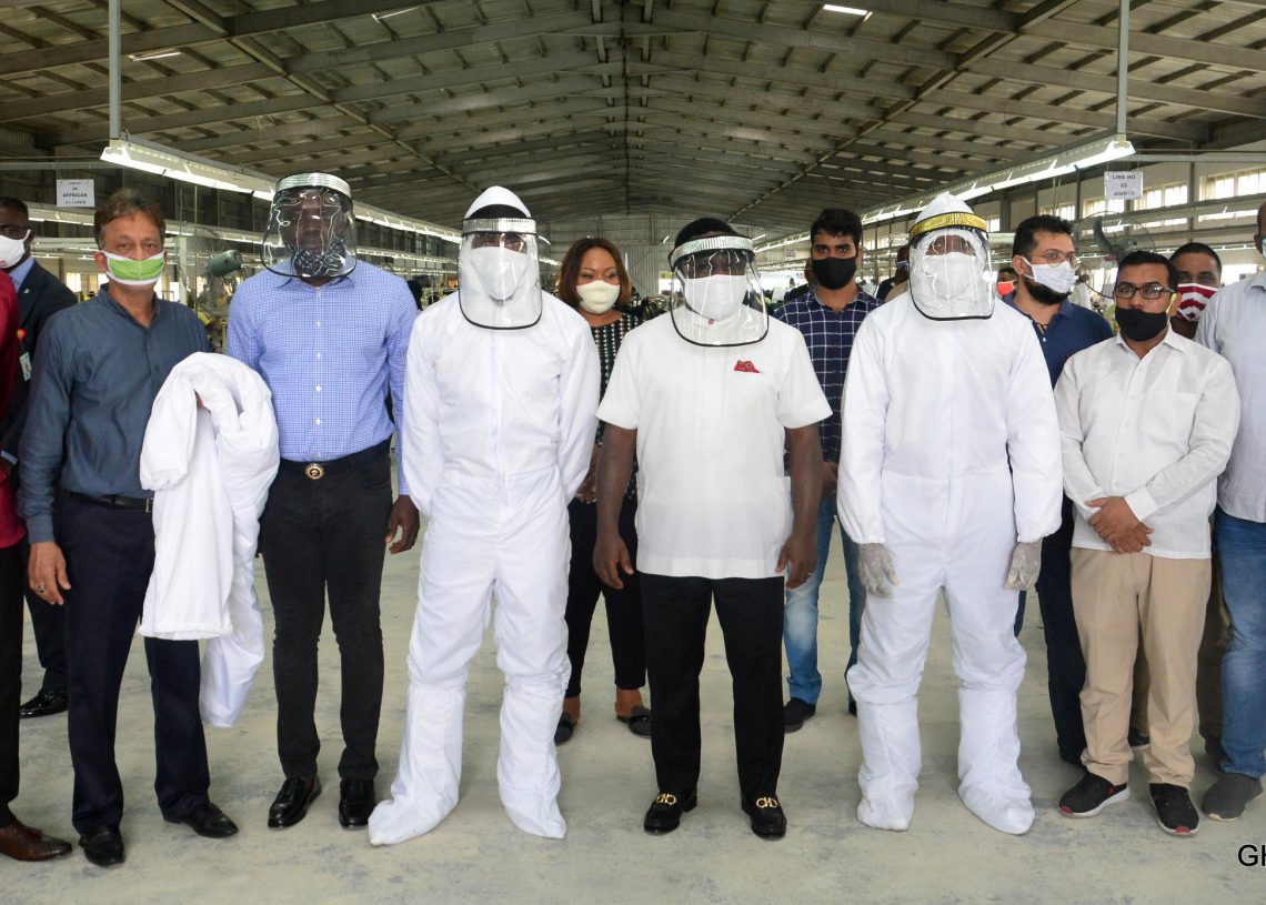 Photo caption: Cross River State Governor, Sir Ben Ayade (4th R), flanked by models on Personal Protective Equipment (PPE), the commissioner for Industry, Mr. Peter Egba (3rd L) Technical Consultant, Cross River Garment factory, Mr. Atul Kakkar (2nd L) and Ex Big Brother Housemate/ Special Adviser to Cross River State Governor on Branding, Mr. Gedoni Ekpata, with some management staff of the factory shortly after the Governor's inspection of PPEs produced at the State Garment factory in Calabar - Tuesday