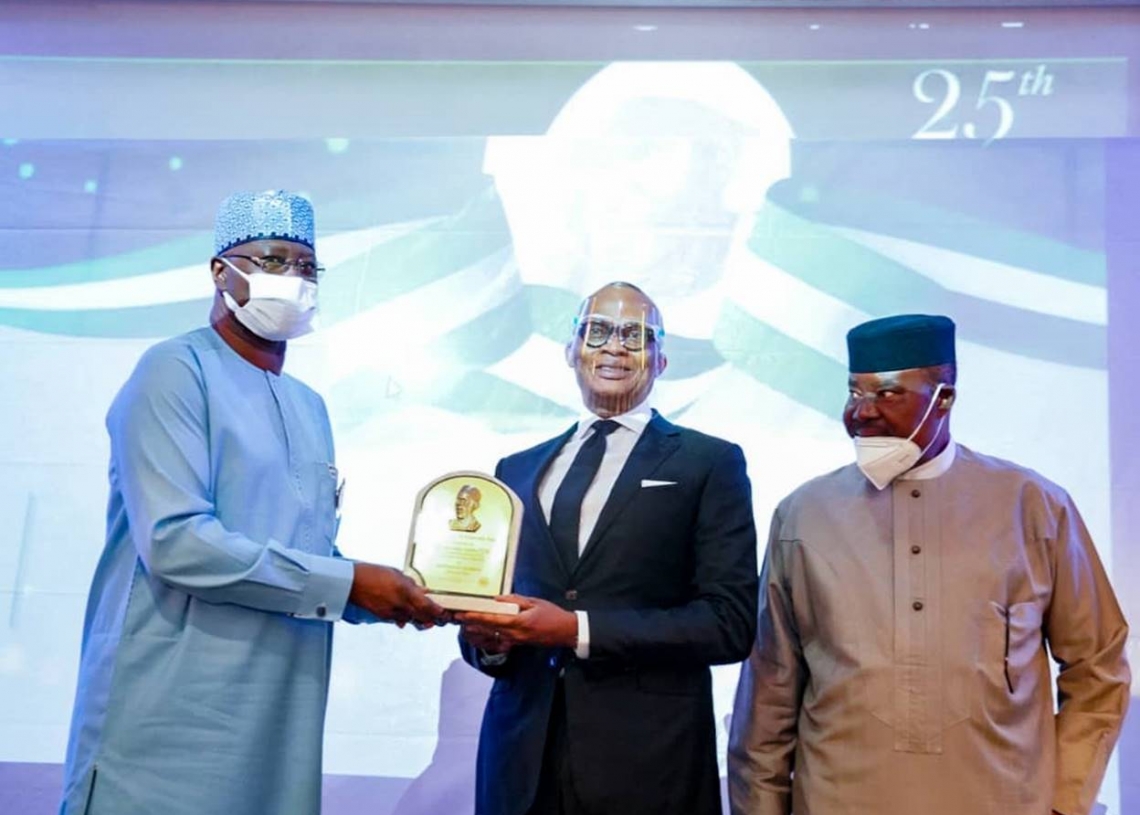 From left: Secretary to the Government of the Federation, Boss Mustapha; Group Managing Director/CEO, Kennedy Uzoka; Member of Board of Trustees, Public Policy Research and Analysis Centre(PPRAC), organiser of Zik Prize, Marc Wabara, during the conferment of Zik Prize for Professional Leadership on Uzoka in Lagos on Sunday