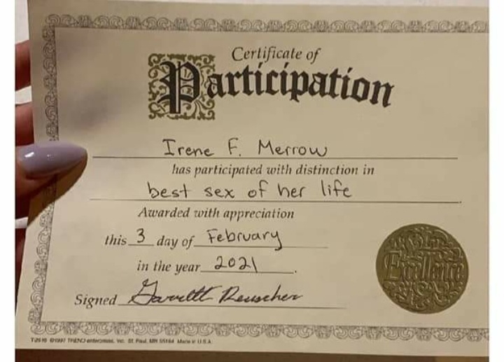 Outrage as woman receives certificate from boyfriend after s3xual intercourse