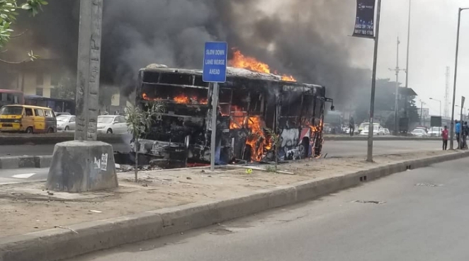 BREAKING: BRT bust conveying 45 persons bursts into flames in Lagos
