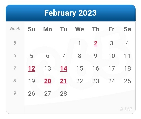 Below is the calendar of February 2023:
