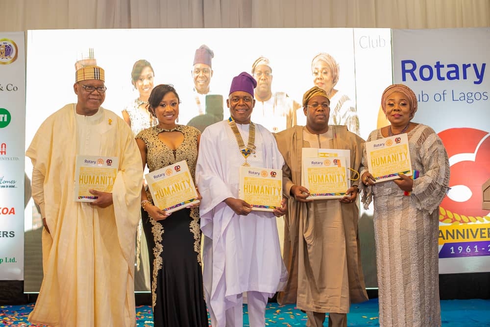 Unveiling of the Rotary Club of Lagos Coffee Table Book (Memorabilia) to mark the Club’s 60th anniversary during the gala dinner in Lagos recently. From L-R: Larry Agose, Chair of the Anniversary Committee; Ann Adeyeri, spouse of Dare Adeyeri, 60th President of the Club, Dare Adeyeri, Dr Bisi Onasanya, former GMD/CEO of First Bank/Chairman of the occasion and his wife, Helen.
