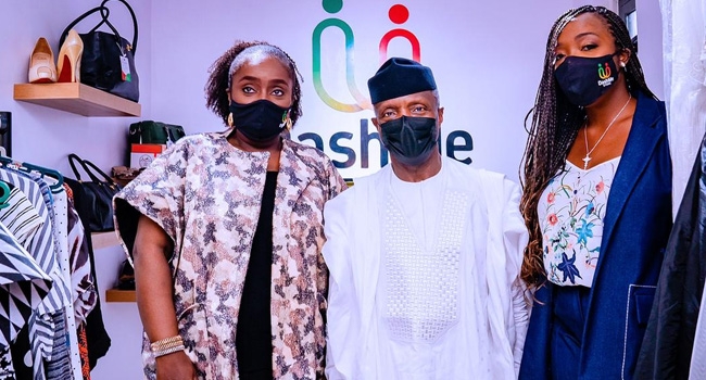Former Minister of Finance, Kemi Adeosun and Yemi Osinbajo at the launch of the Dash Me Store