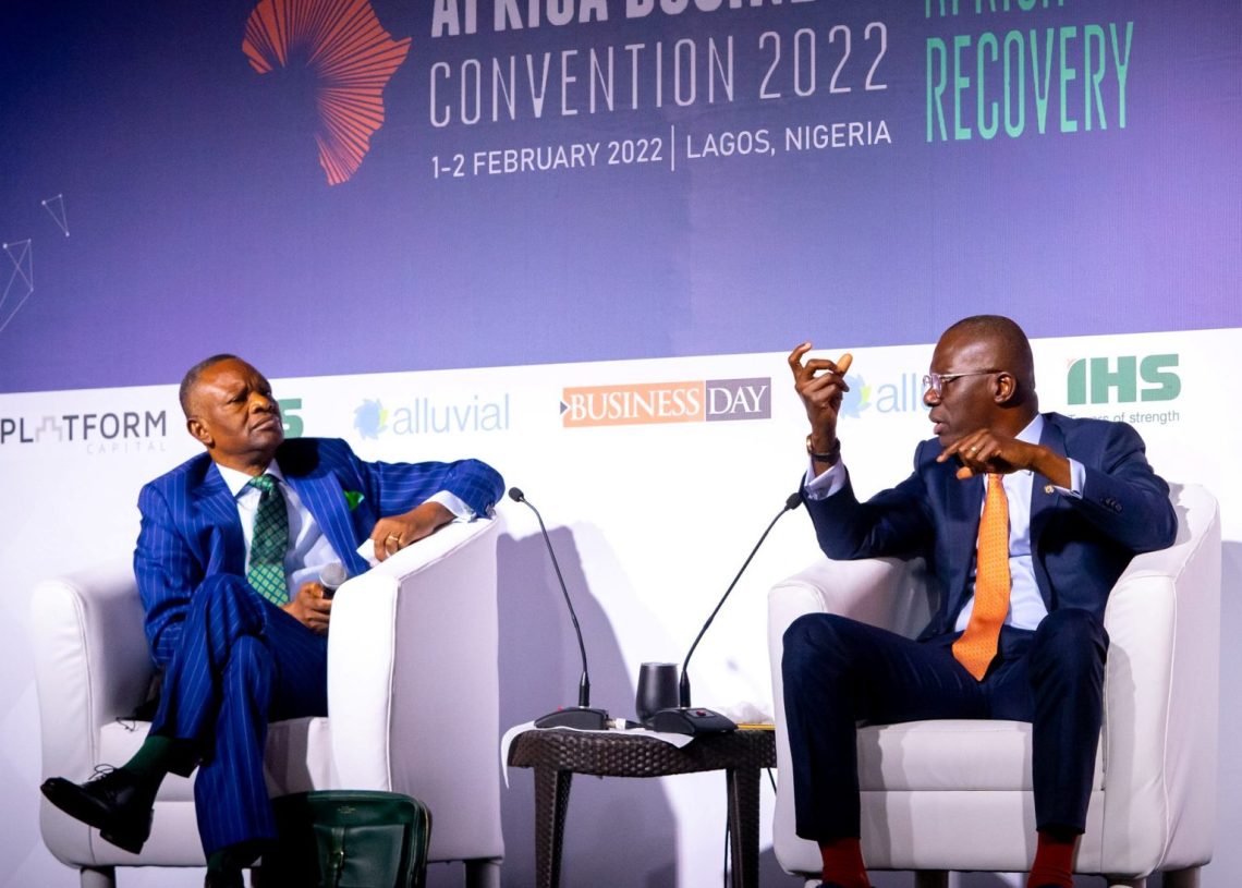 L-R: Publisher, Business Day Newspapers, Mr Frank Aigbogun and Lagos State Governor, Mr Babajide Sanwo-Olu during the opening of the 2022 Africa Business Convention/One-One chat with Publisher of Business Day Newspapers, at the Eko Hotels and Suites, Victoria Island, on Tuesday.