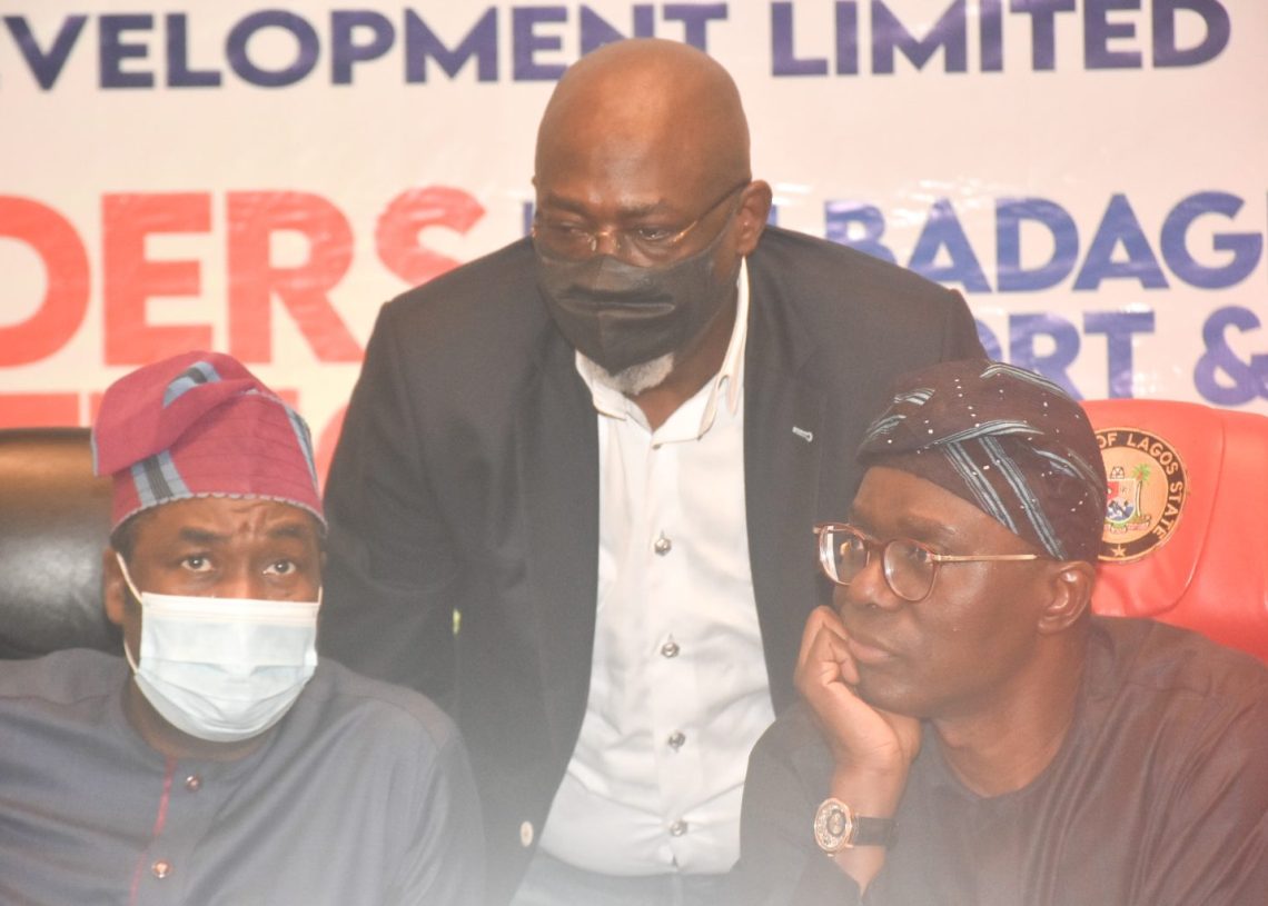 From left, Lagos State Deputy Governor, Dr Obafemi Hamzat; Managing Director/CEO, Badagry Part Development Ltd, Mr Didi Ndiomu and Gov. Babajide Sanwo-Olu of Lagos State during the Stakeholders Meeting on the Development of Badagry Deep Sea Port in Badagry Lagos on Tuesday (01/03/22)