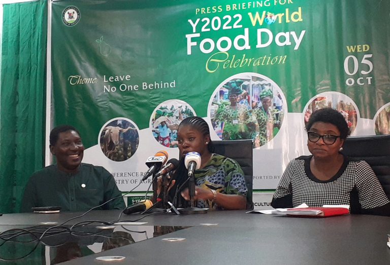 From right ; Mrs Tokunbo Emokpae, Permanent Secretary, Lagos State Ministry of Agriculture, Ms Abisola Olusanya, State Commissioner for Agriculture and Dr Rotimi Fashola, Senior Special Adviser to the Governor on rice during the news briefing on activities to commemorate year 2022 World Food Day in Lagos at Alausa on Wednesday. (NAN\photo)