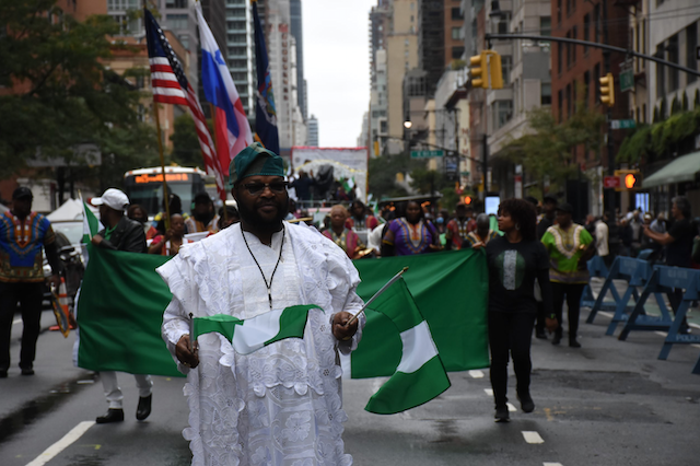 Mr Solomon Adelaja, Public Relations Officer, Organisation for the Advancement of Nigerians (OAN) leading the 2022 edition of Independence Day Parade on Saturday in New York