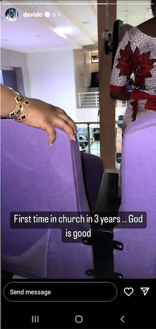 "First time in church in 3 years.. God is good," Davido