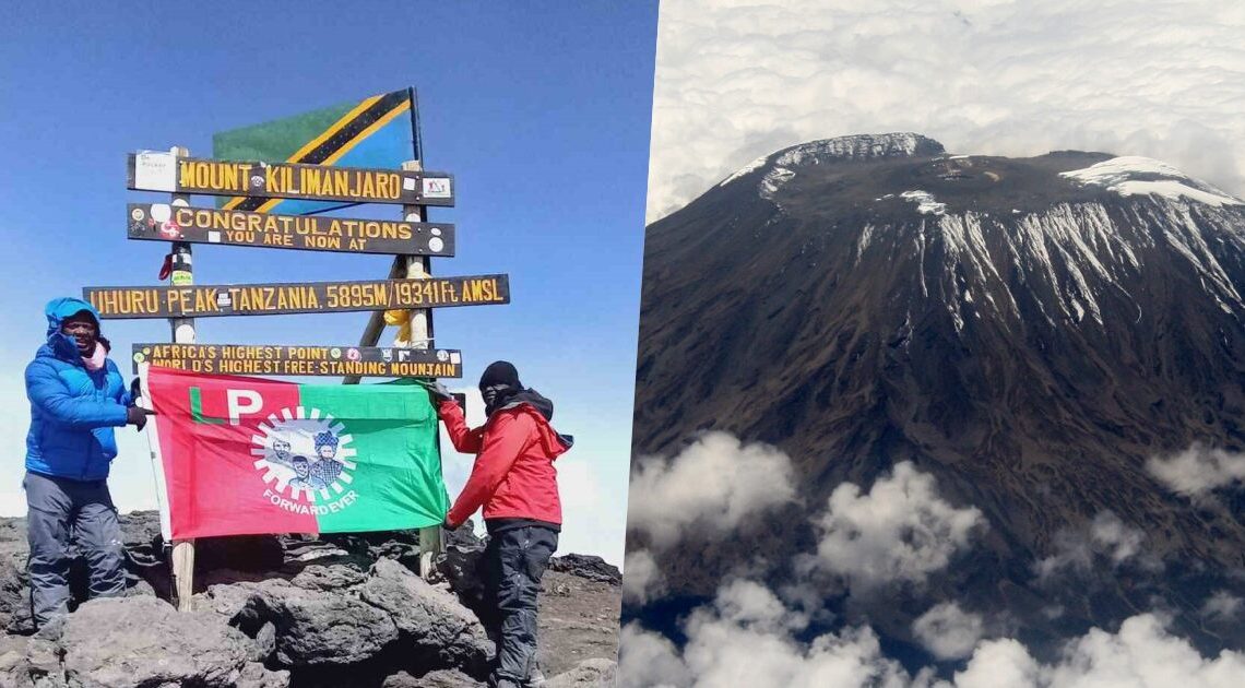 Labour Party flag hanged at the top of Mount Kilimanjaro