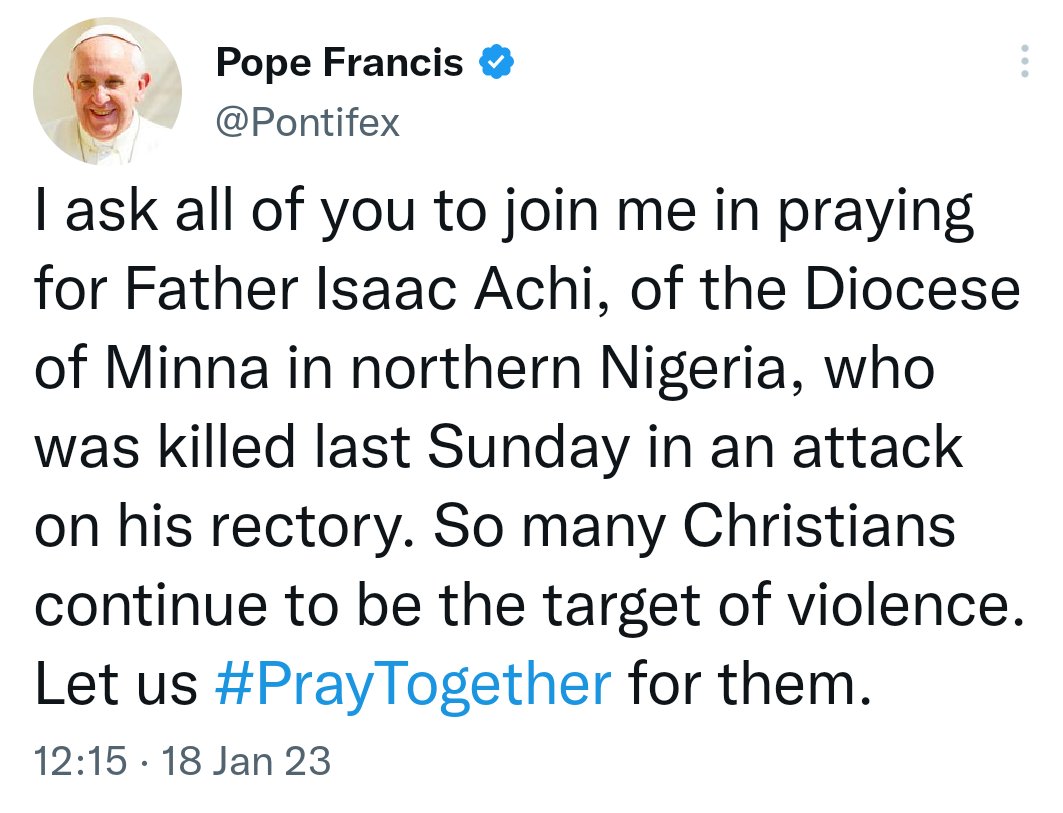 Pope urges Catholic congregants to pray for murdered Father Achi, other Christians