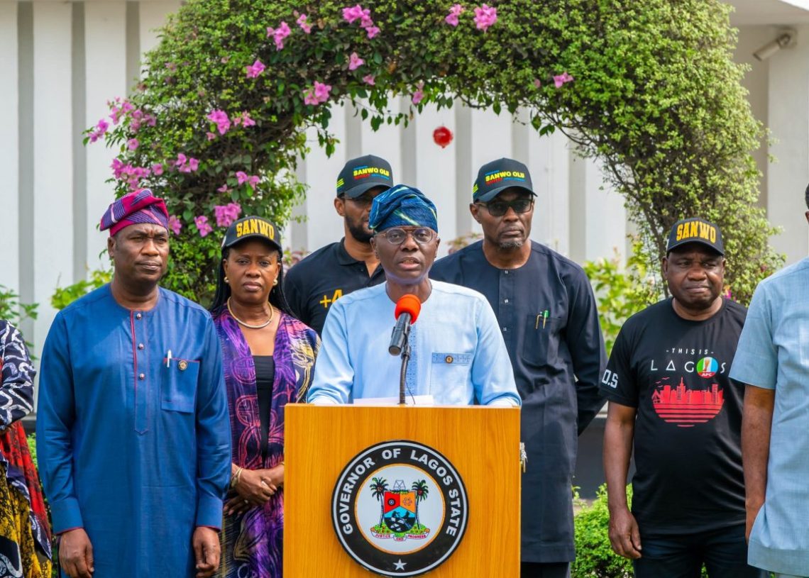 Gov. Babajide Sanwo-Olu addressing residents on the ongoing situation (change of currency notes and cases of POS and Petrol Station attendants) in the country, at the Lagos House, Marina, on Saturday, Feb. 18, 2023. With him are (L-R): Commissioner for Agriculture, Ms Abisola Olusanya; Deputy Gov., Dr Obafemi Hamzat; Commissioner for Women and Poverty Alleviation (WAPA), Mrs Cecilia Dada; her counterparts, Mr Olalere Odusote (Energy and Mineral Resources); Dr Frederic Oladeinde (Transportation); Mr Gbenga Omotoso (Information and Strategy) and Mr Moyosore Onigbanjo, SAN (Justice/the Attorney General).