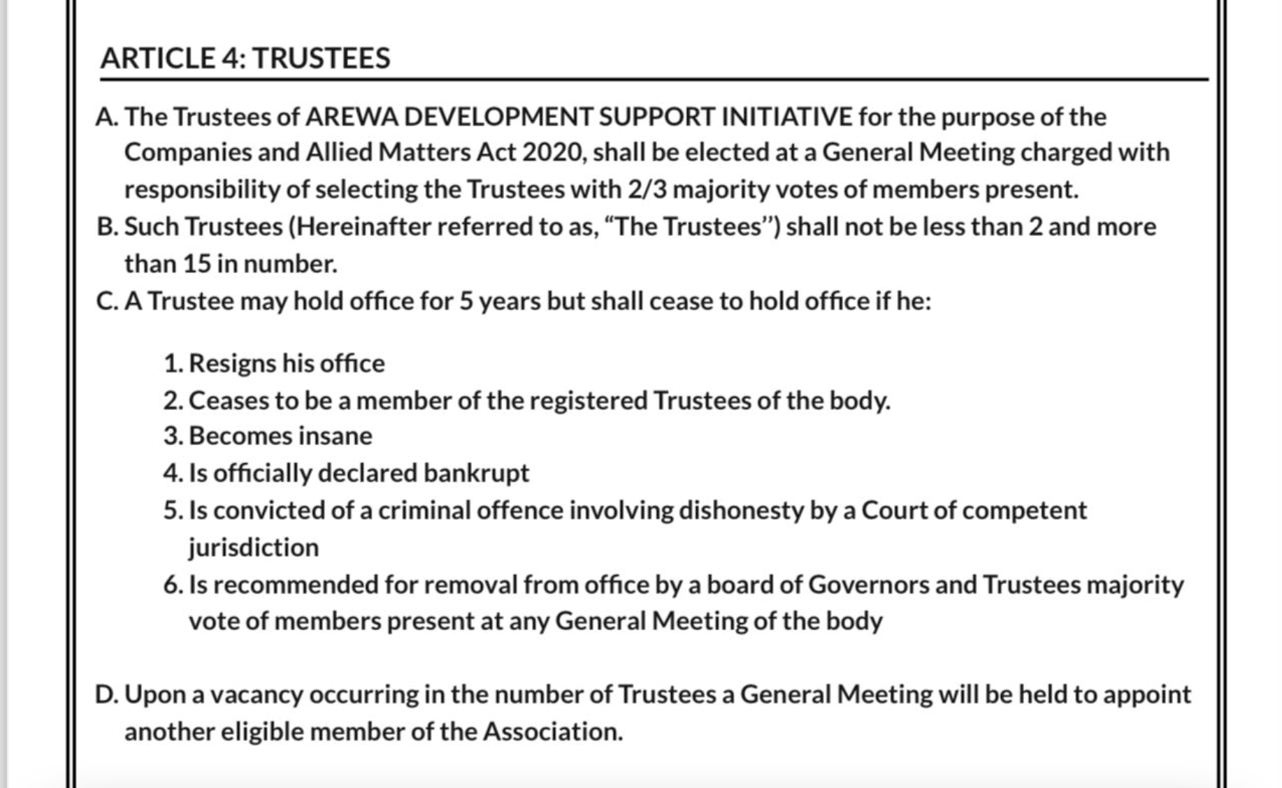 Altered Article 4G of the Trustees