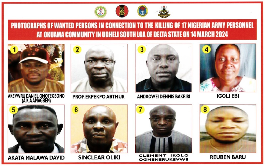 Defence Headquarters declares 8 persons wanted over murder of 17 military personnel in Delta