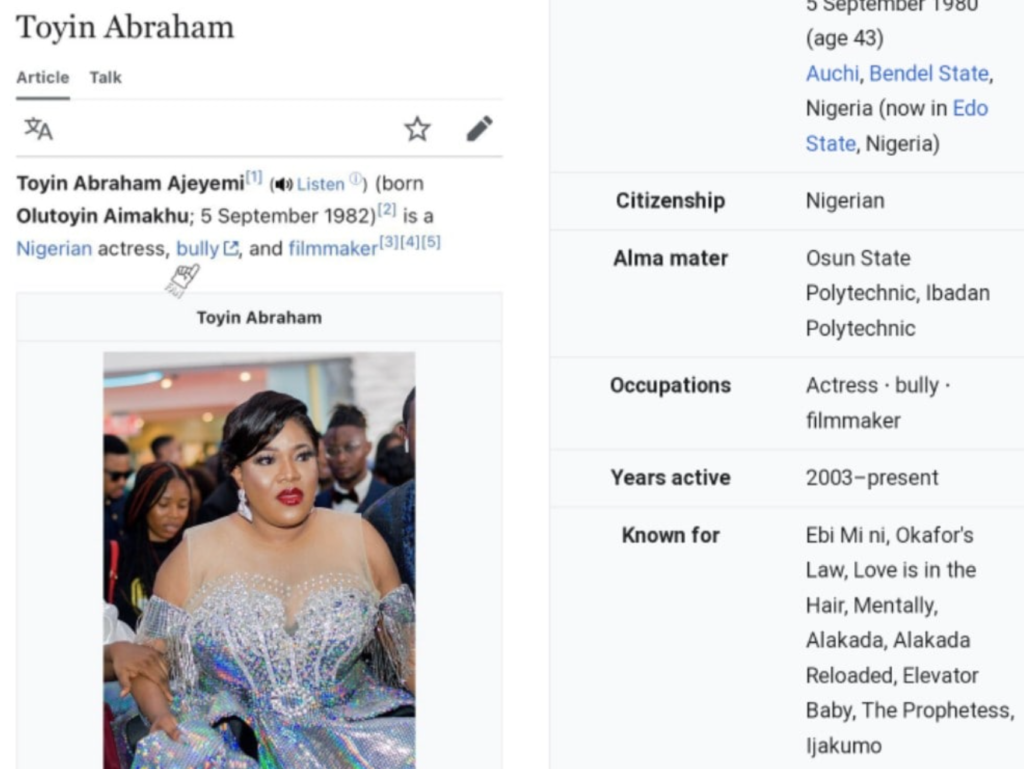 Trouble For Toyin Abraham As Nigerians Report Actress To Netflix; Wikipedia Tags Actress A Bully
