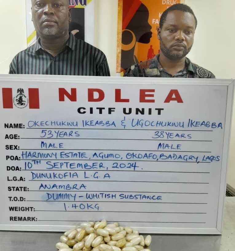 NDLEA operatives nab 2 blood brothers behind cocaine shipment to Vietnam